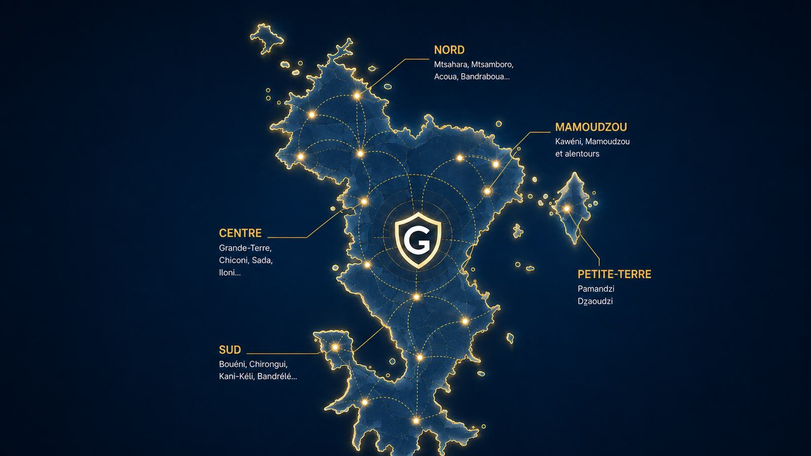 Carte de la zone d'intervention de GAP SECURITY à Mayotte : Nord, Mamoudzou, Centre, Sud et Petite-Terre
